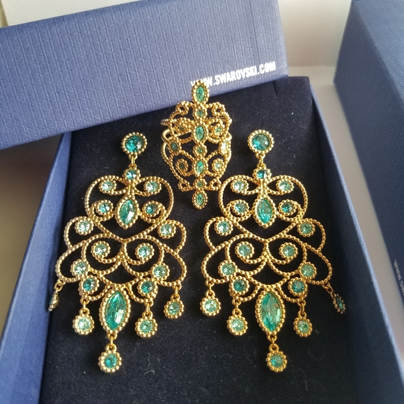 AUTHENTIC Swarovski 18k Gold Plated Azore Filigree Earrings & Ring SET - Picture 8 of 17